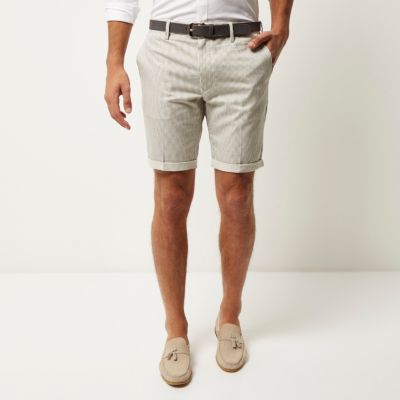 Grey stripe slim fit belted shorts